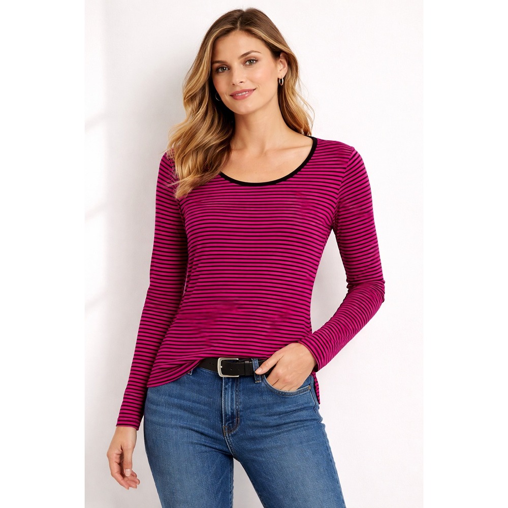 Chico's Ultra Pink Striped Touch of Cool Layering Tee Size 0 S 4 Soft Knit